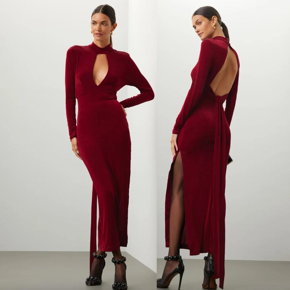Bardot Ellis Cutout Maxi Dress in Oxblood Maroon Red Knit Long Sleeve XS
